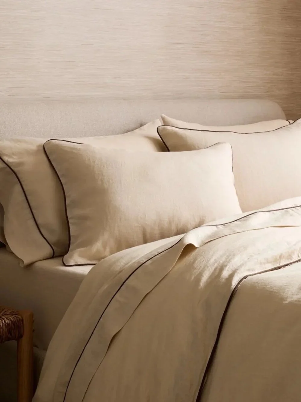 BNWT Quince European Linen Piped Duvet Cover Set White Oat Espresso Full Queen